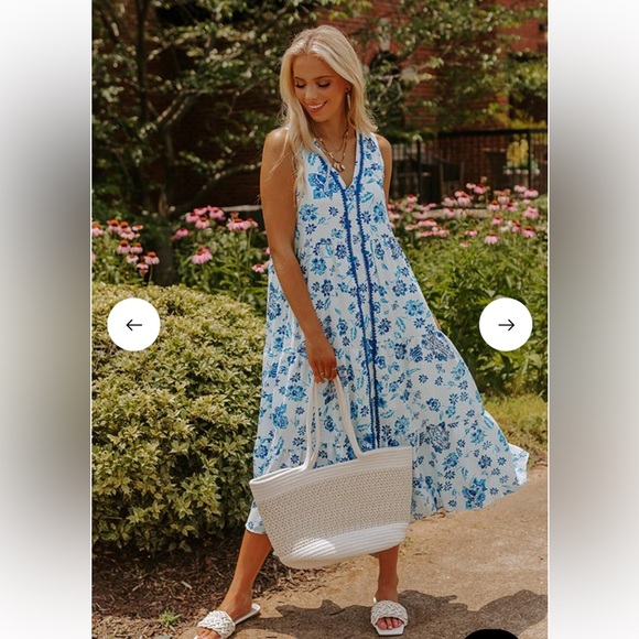 entro Dresses & Skirts - entro White Maxi Dress with Blue Floral Print